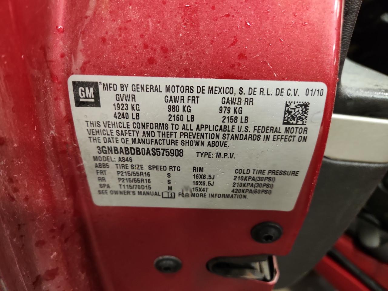 2010 Chevrolet Hhr Lt VIN: 3GNBABDB0AS575908 Lot: 91931315