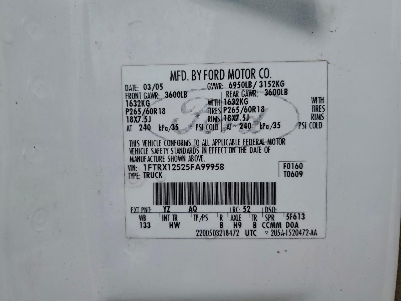 2005 Ford F150 VIN: 1FTRX12525FA99958 Lot: 93737485