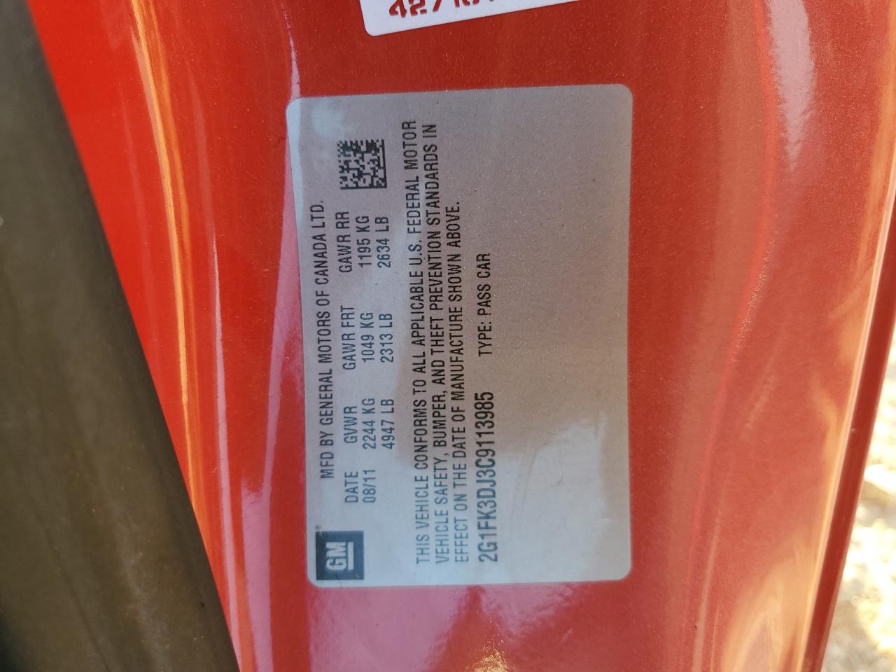 2012 Chevrolet Camaro 2Ss VIN: 2G1FK3DJ3C9113985 Lot: 93496215