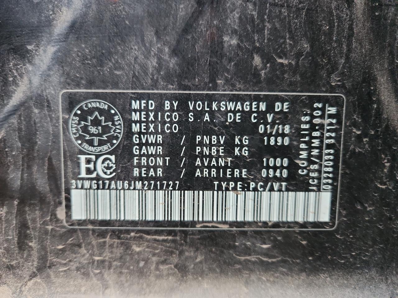 2018 Volkswagen Golf S VIN: 3VWG17AU6JM271727 Lot: 93321115