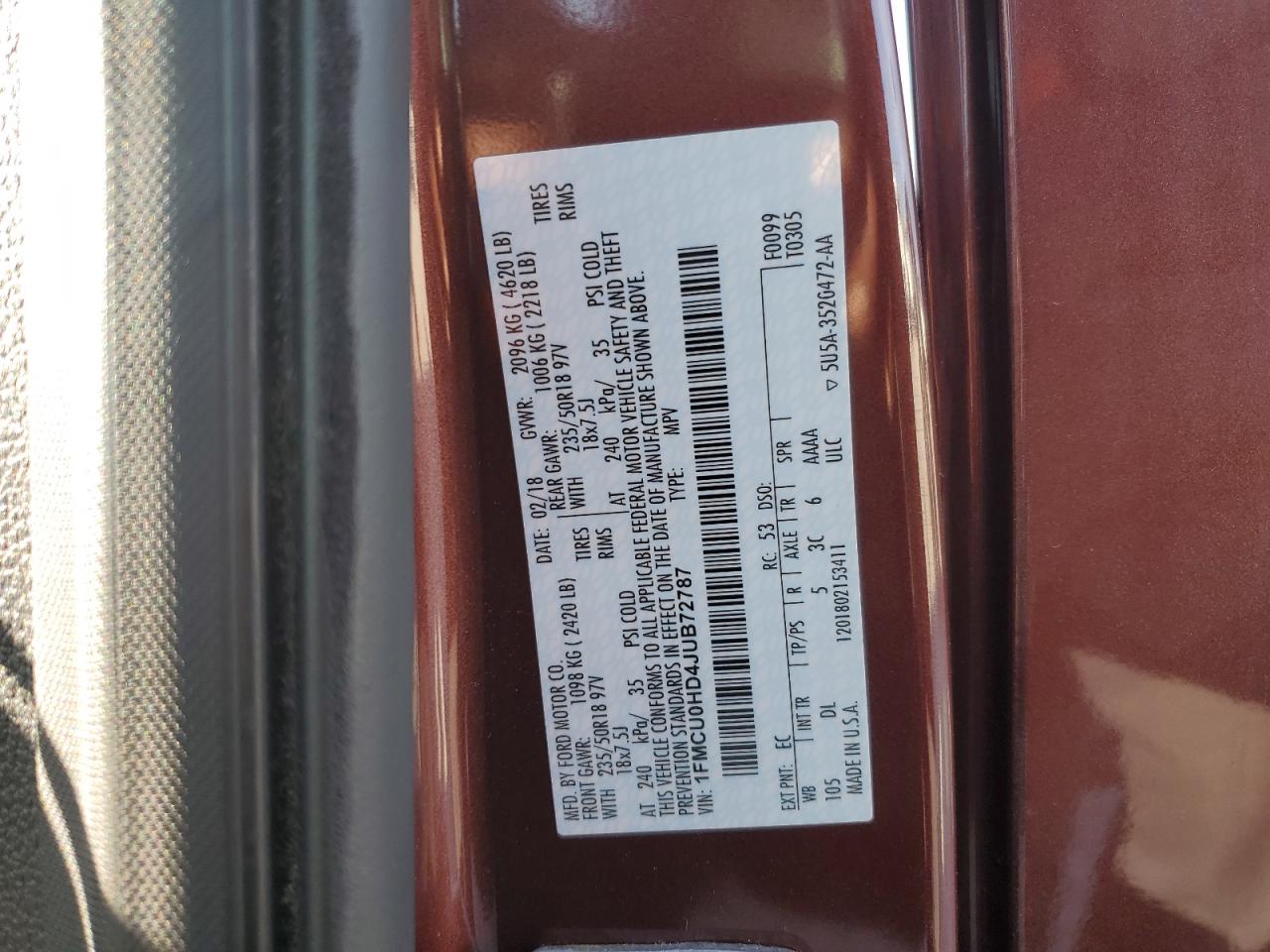 2018 Ford Escape Sel VIN: 1FMCU0HD4JUB72787 Lot: 91453035