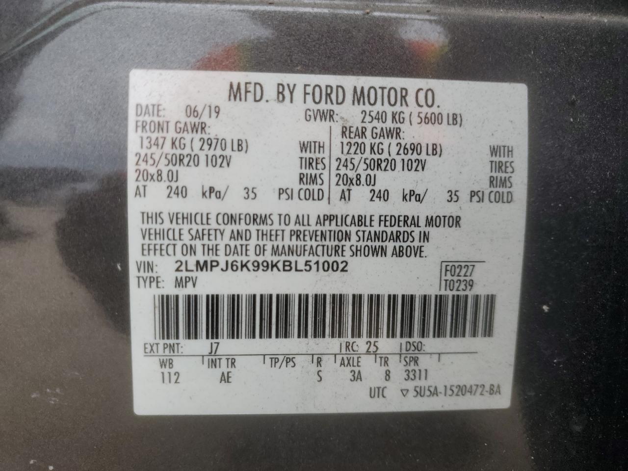 2019 Lincoln Nautilus Select VIN: 2LMPJ6K99KBL51002 Lot: 90578655