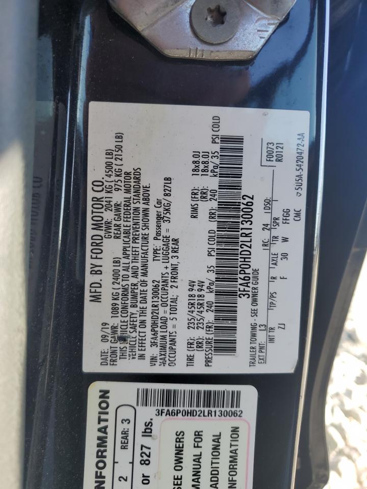 2020 Ford Fusion Se VIN: 3FA6P0HD2LR130062 Lot: 91611225