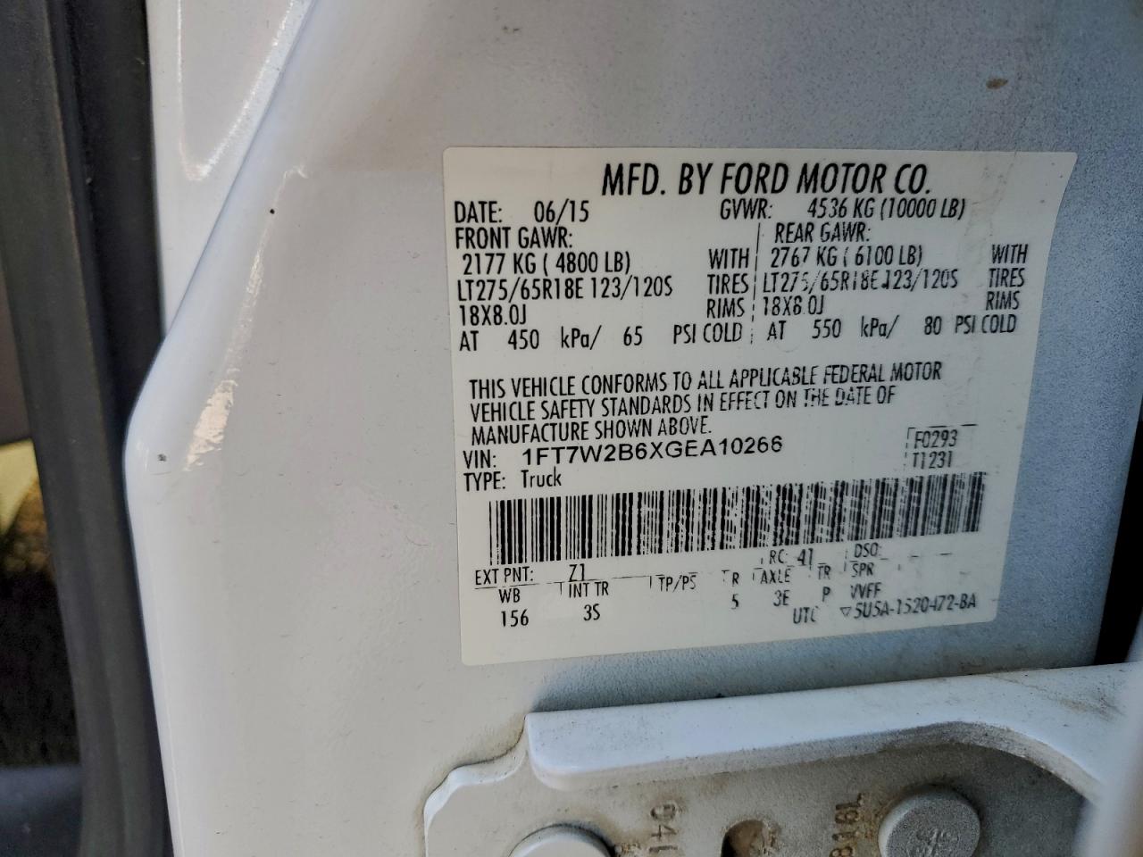 2016 Ford F250 Super Duty VIN: 1FT7W2B6XGEA10266 Lot: 94453915