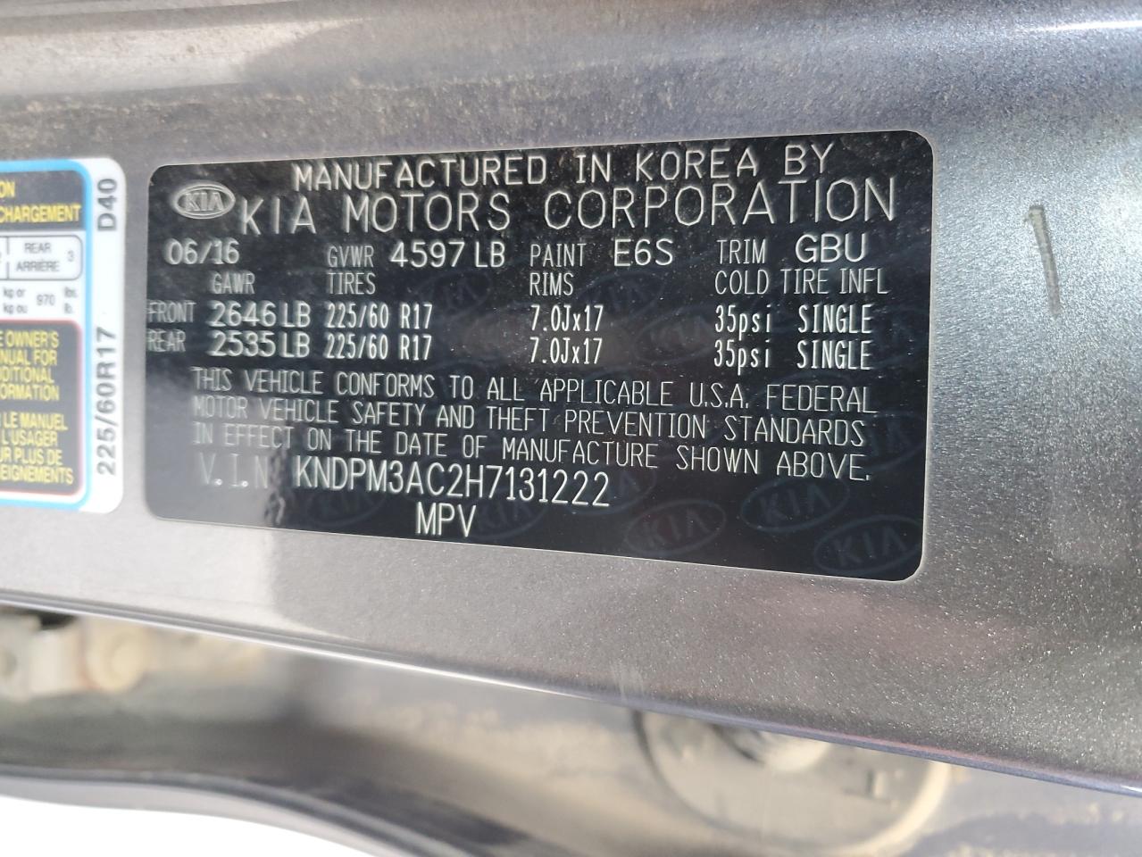 2017 Kia Sportage Lx VIN: KNDPM3AC2H7131222 Lot: 92926285