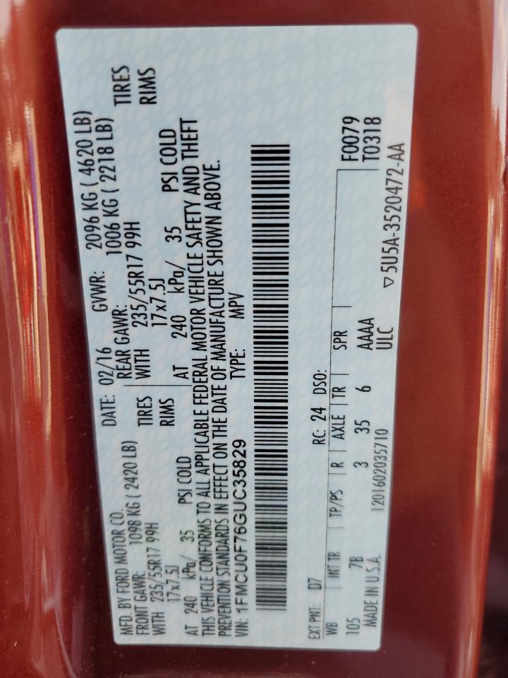 2016 Ford Escape S VIN: 1FMCU0F76GUC35829 Lot: 92211085