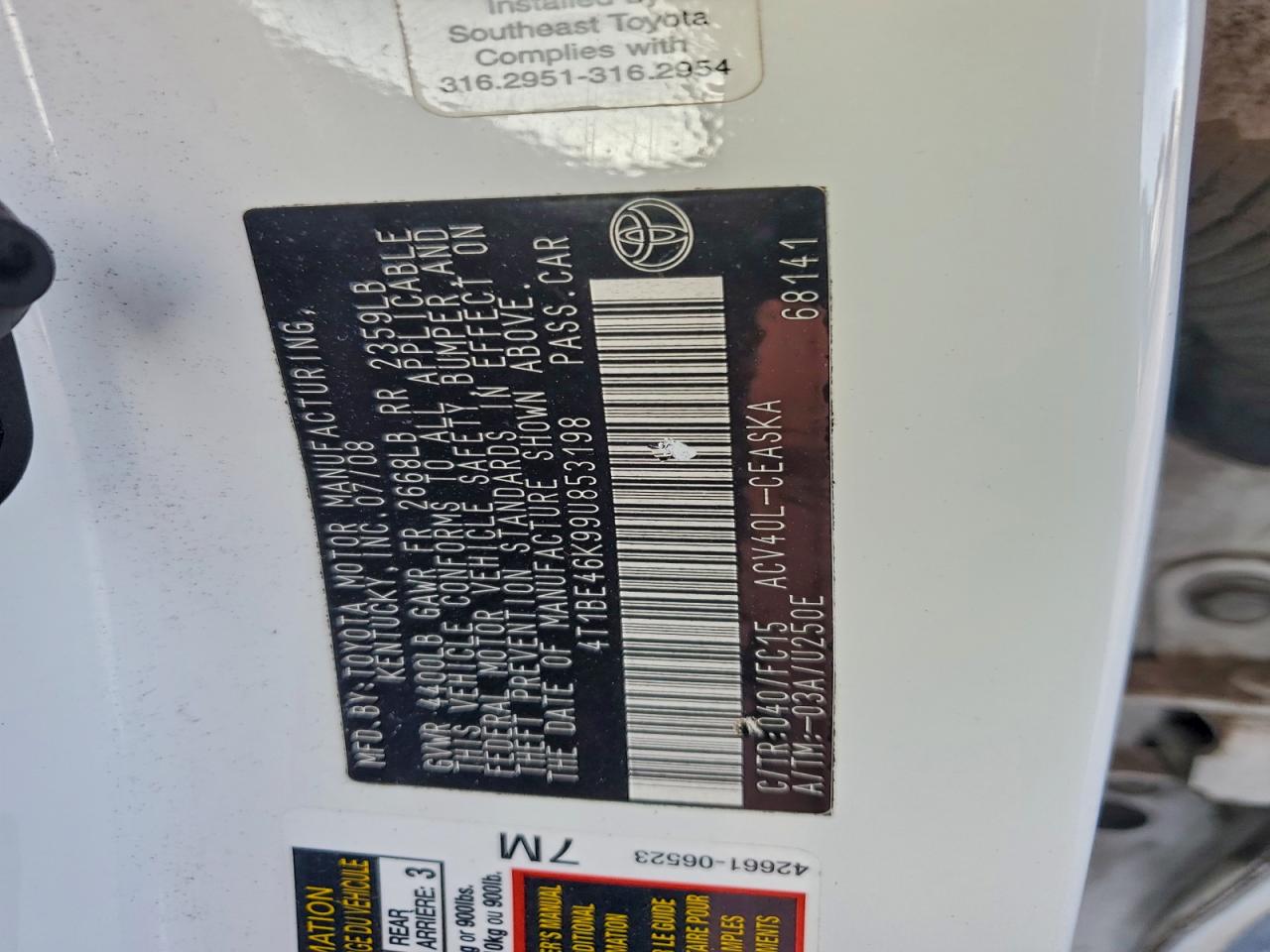 2009 Toyota Camry Base VIN: 4T1BE46K99U853198 Lot: 94469215