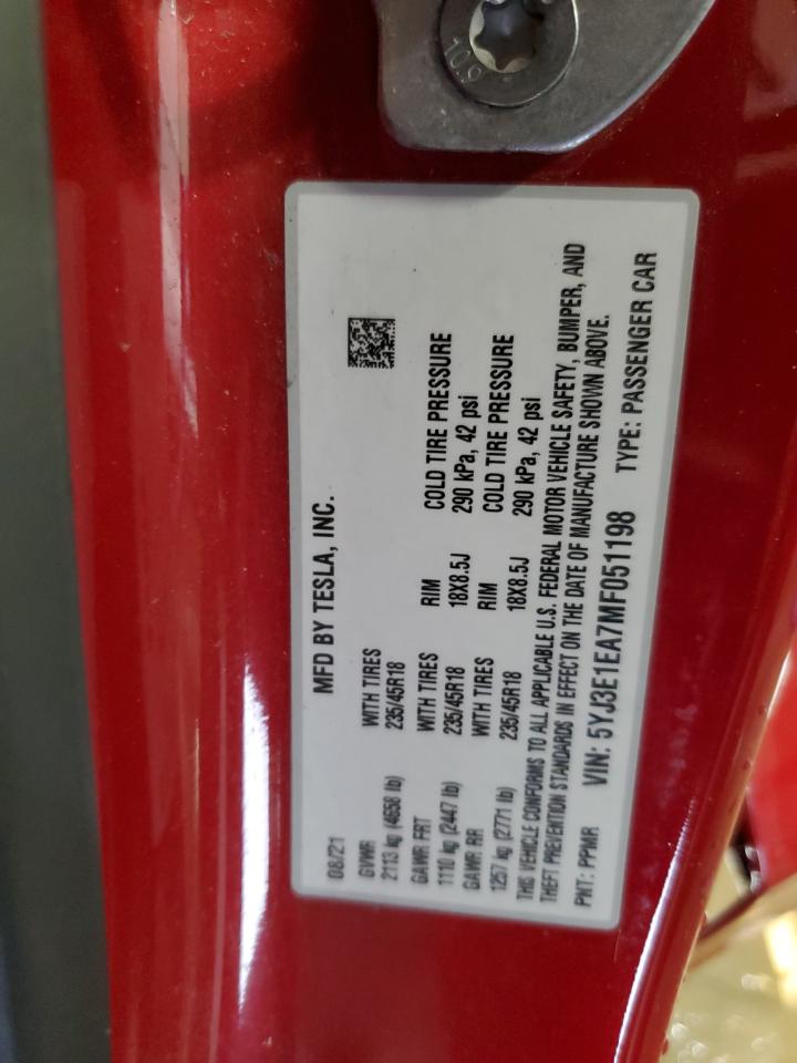 2021 Tesla Model 3 VIN: 5YJ3E1EA7MF051198 Lot: 92415785