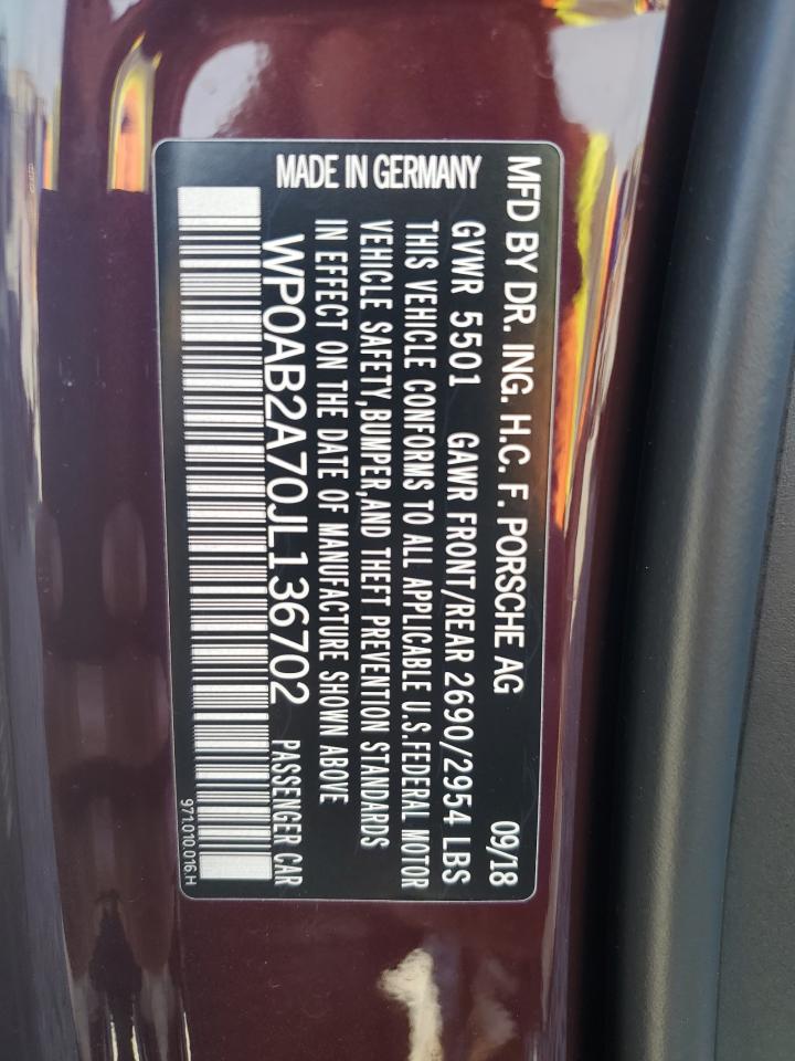 2018 Porsche Panamera 4S VIN: WP0AB2A70JL136702 Lot: 91037105
