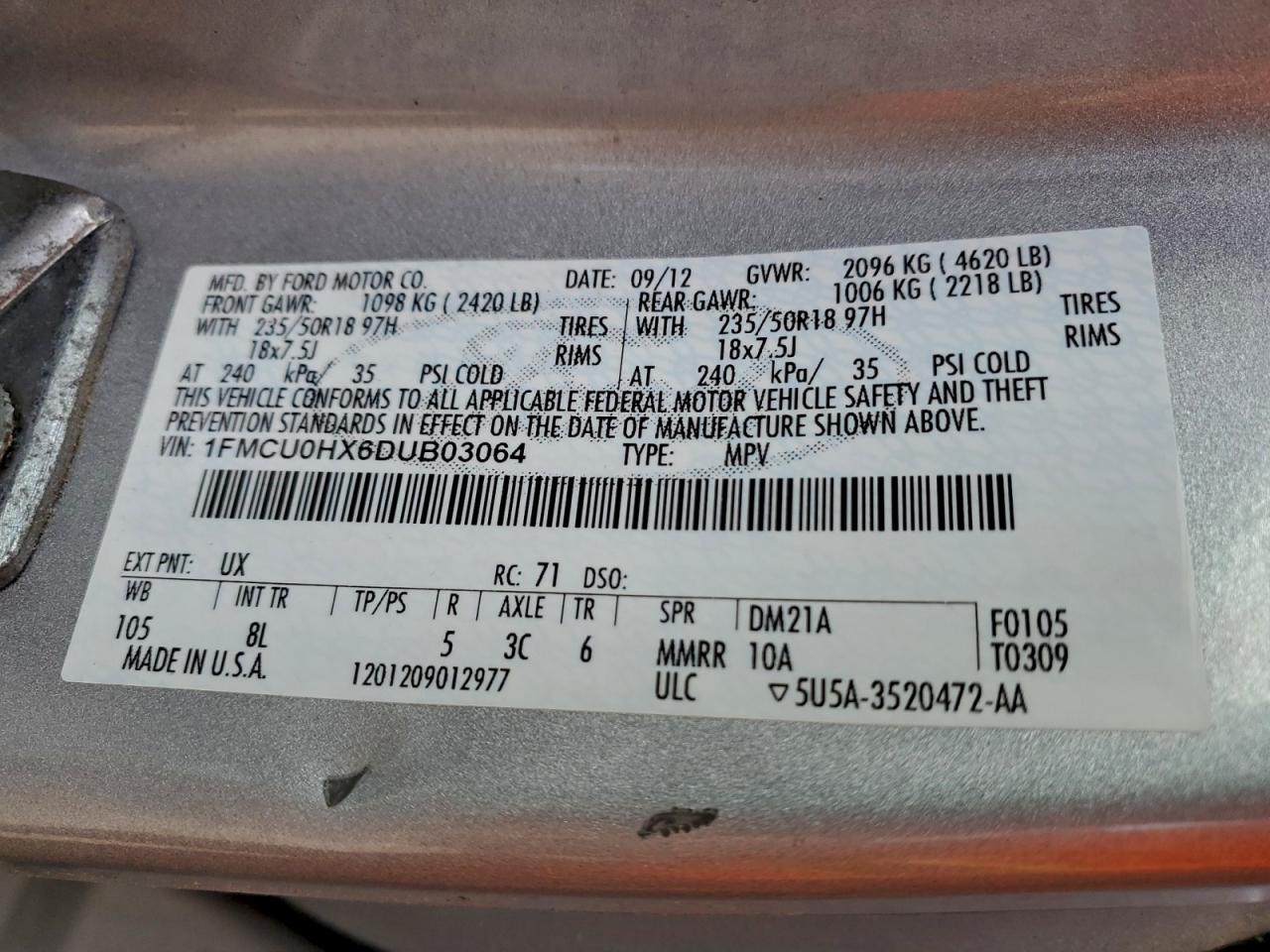 2013 Ford Escape Sel VIN: 1FMCU0HX6DUB03064 Lot: 93970295