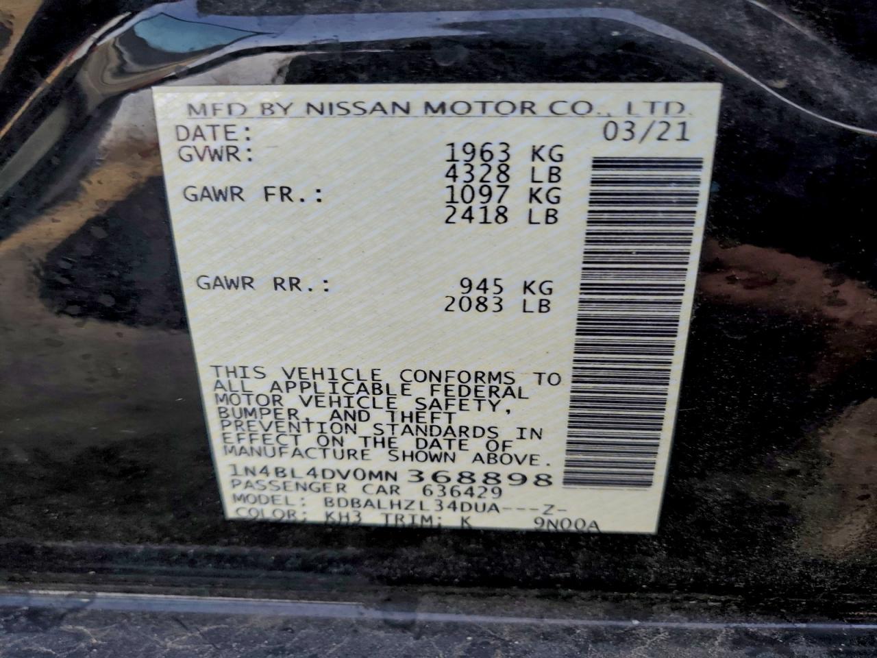 2021 Nissan Altima Sv VIN: 1N4BL4DV0MN368898 Lot: 93195985