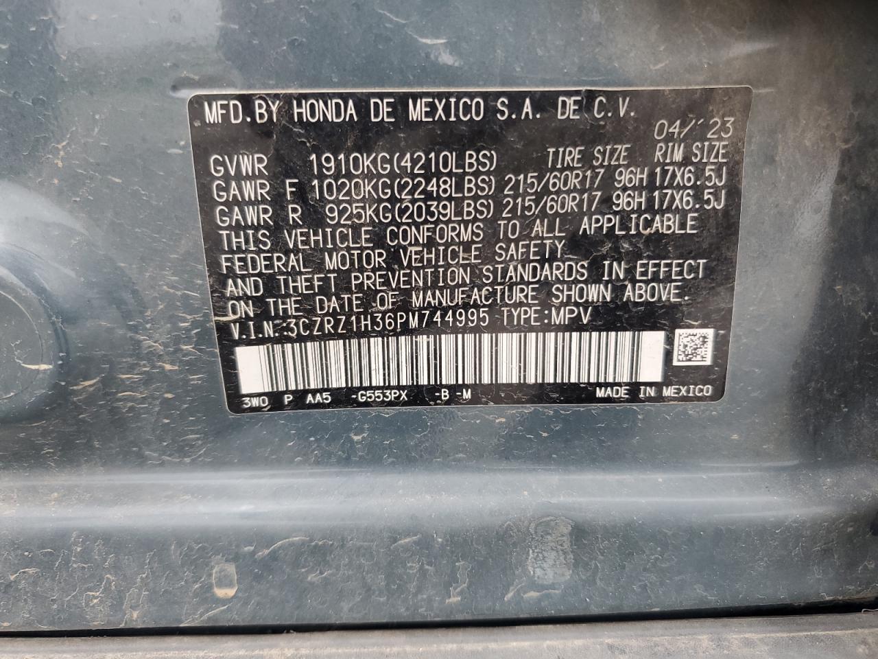 2023 Honda Hr-V Lx VIN: 3CZRZ1H36PM744995 Lot: 93482415