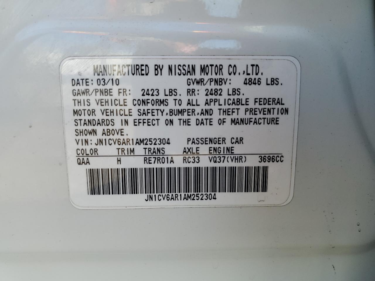 2010 Infiniti G37 VIN: JN1CV6AR1AM252304 Lot: 91366085