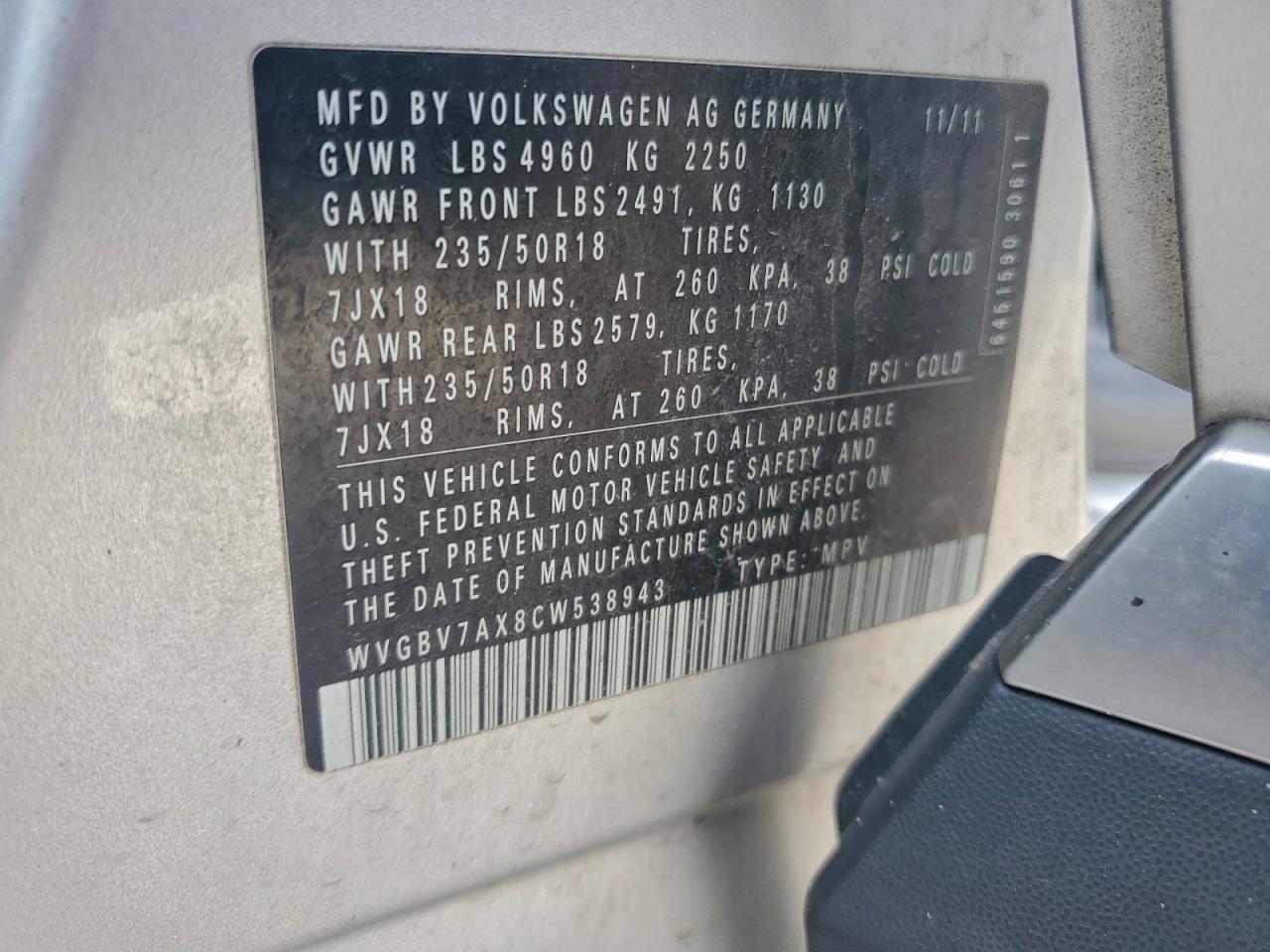 2012 Volkswagen Tiguan S VIN: WVGBV7AX8CW538943 Lot: 93616455