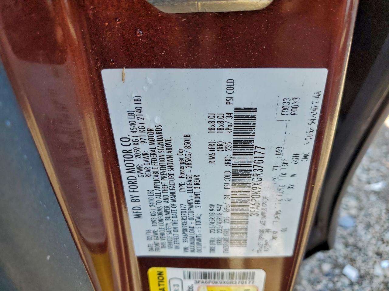 2016 Ford Fusion Titanium VIN: 3FA6P0K9XGR370177 Lot: 93902035