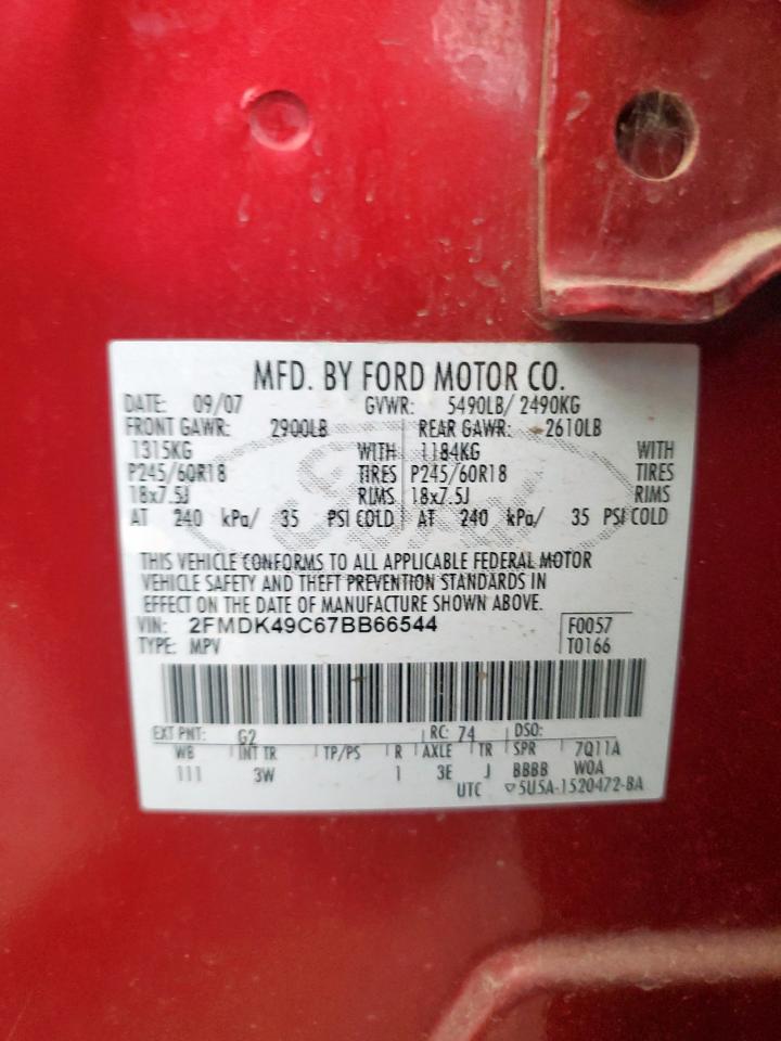 2007 Ford Edge Sel Plus VIN: 2FMDK49C67BB66544 Lot: 92723515