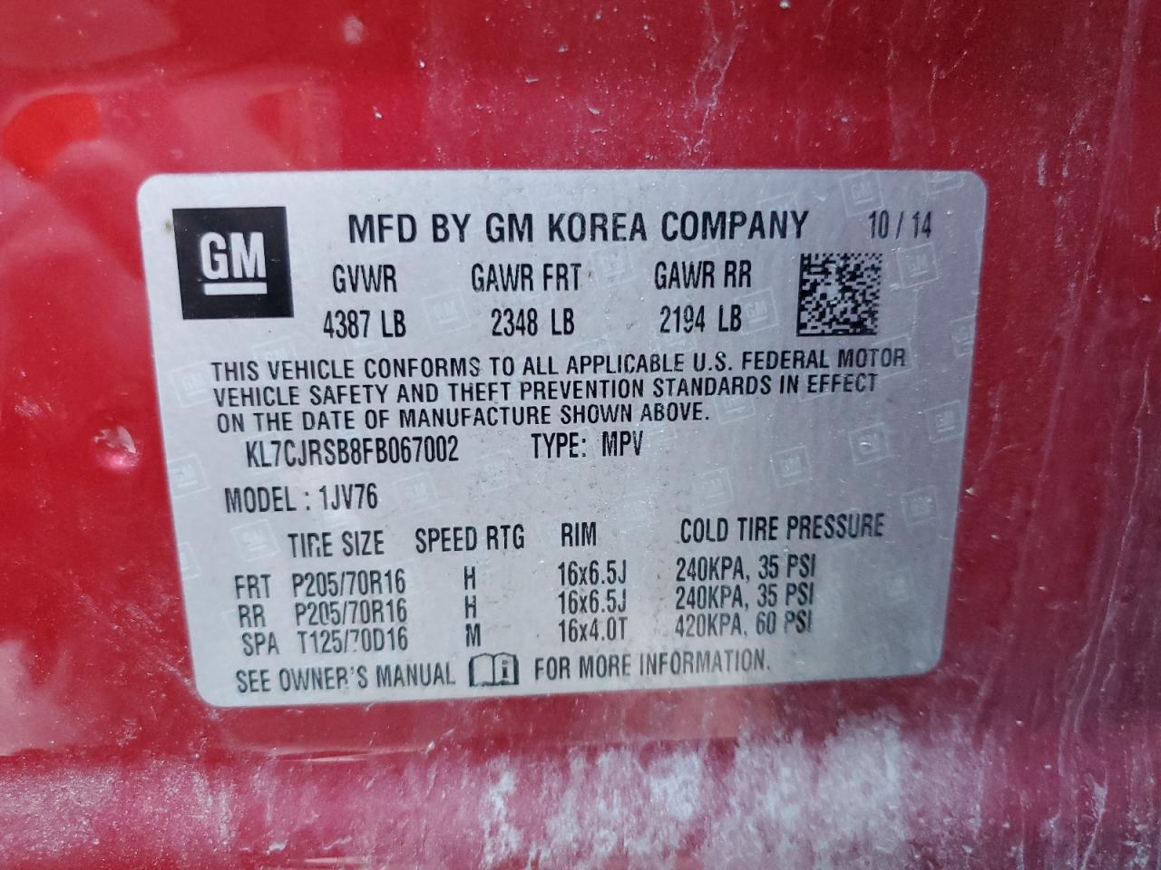 2015 Chevrolet Trax 1Lt VIN: KL7CJRSB8FB067002 Lot: 92820395