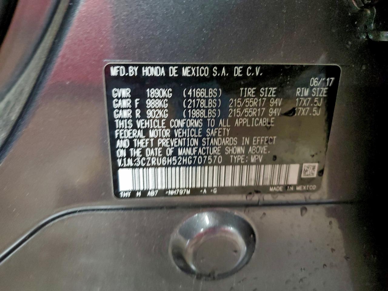 2017 Honda Hr-V Ex VIN: 3CZRU6H52HG707570 Lot: 92478845