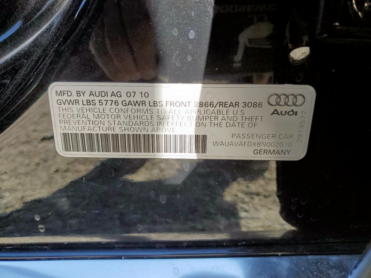 2011 Audi A8 Quattro VIN: WAUAVAFDXBN002010 Lot: 92320055