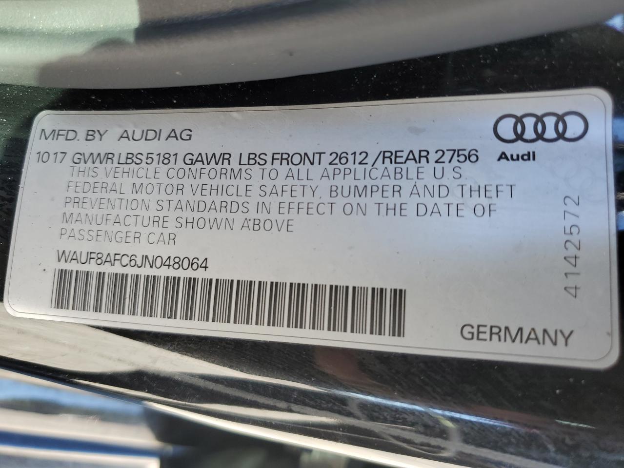 2018 Audi A6 Premium VIN: WAUF8AFC6JN048064 Lot: 92447055