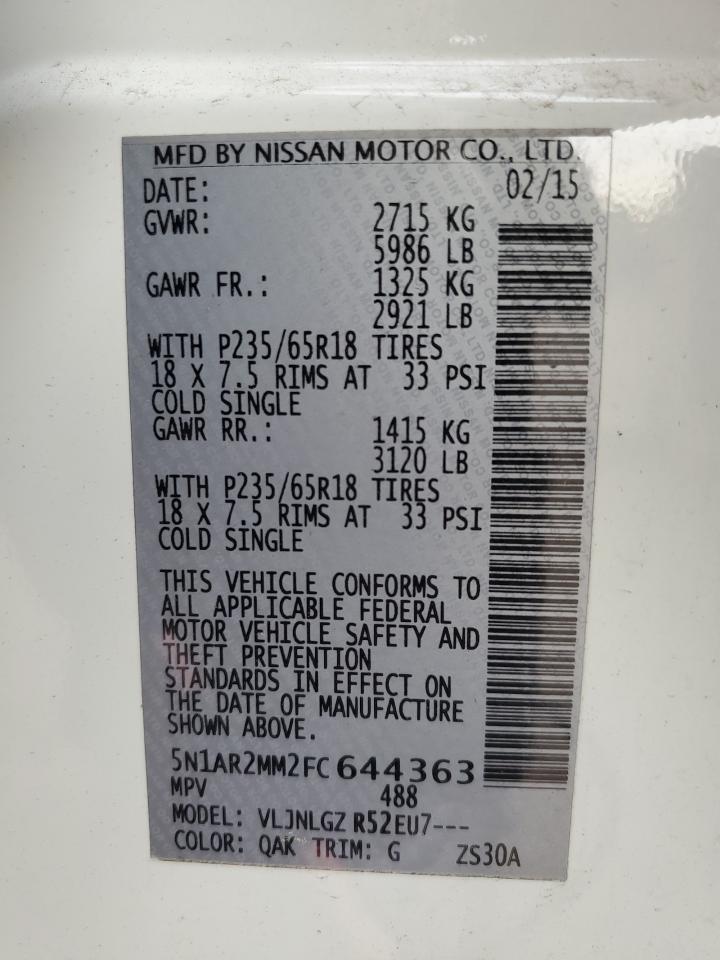 2015 Nissan Pathfinder S VIN: 5N1AR2MM2FC644363 Lot: 91851135