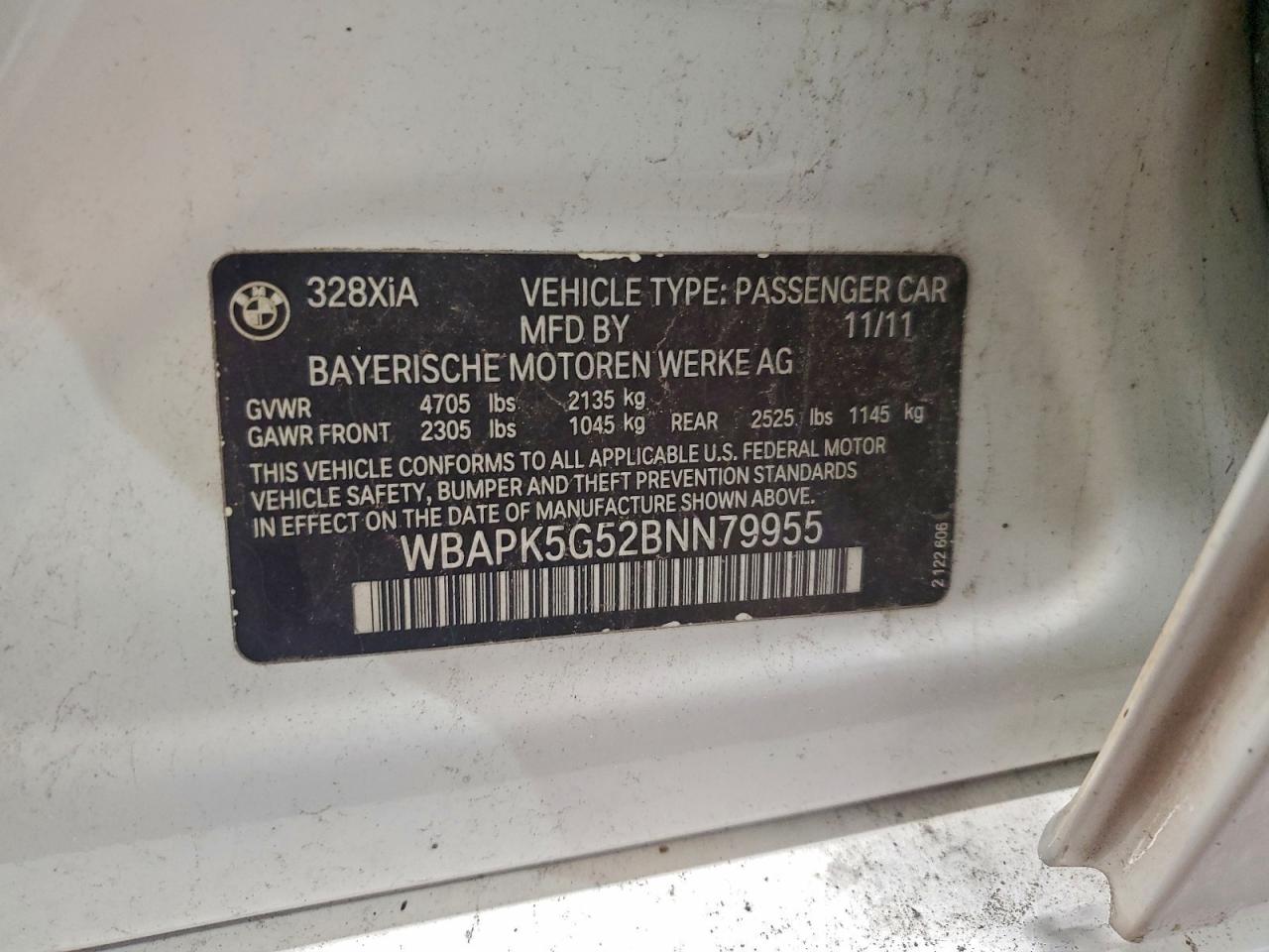 2011 BMW 328 Xi Sulev VIN: WBAPK5G52BNN79955 Lot: 94795795