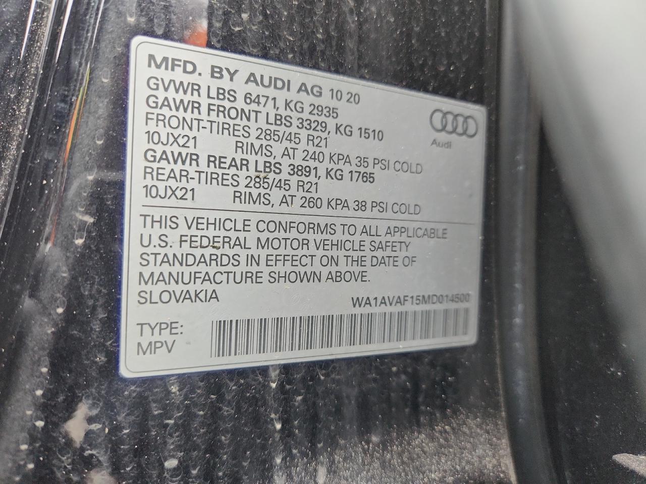 2021 Audi Q8 Premium VIN: WA1AVAF15MD014500 Lot: 90922525