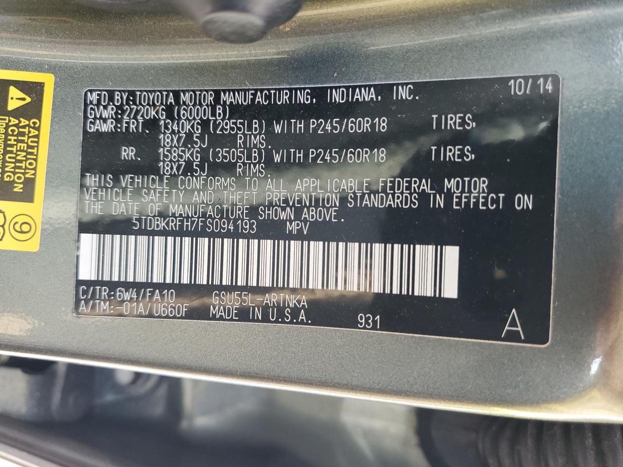 2015 Toyota Highlander Le VIN: 5TDBKRFH7FS094193 Lot: 94057805