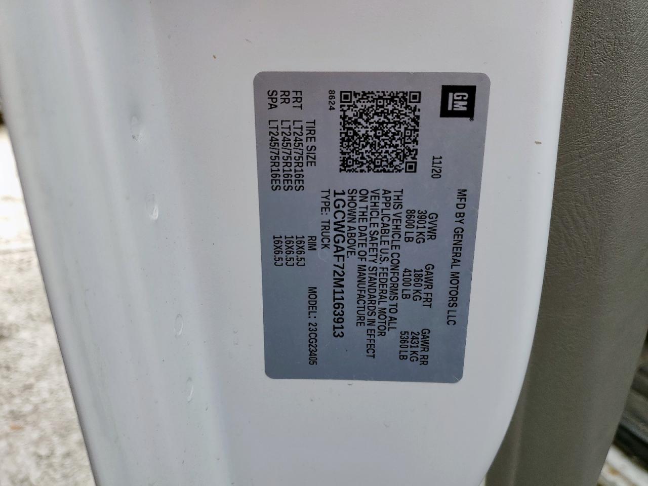 2021 Chevrolet Express G2500 Delivery Van VIN: 1GCWGAF72M1163913 Lot: 92598045