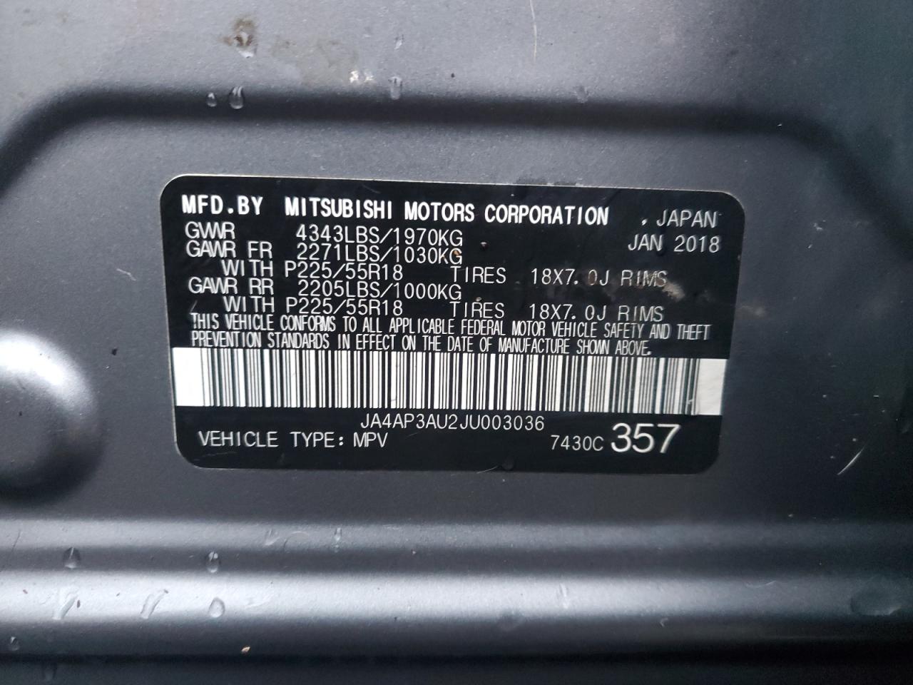 2018 Mitsubishi Outlander Sport Es VIN: JA4AP3AU2JU003036 Lot: 92907445