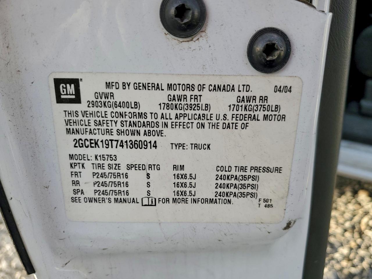 2004 Chevrolet Silverado K1500 VIN: 2GCEK19T741360914 Lot: 94803375