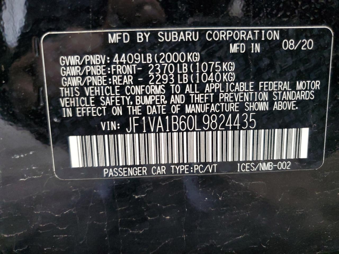 2020 Subaru Wrx Premium VIN: JF1VA1B60L9824435 Lot: 93090275