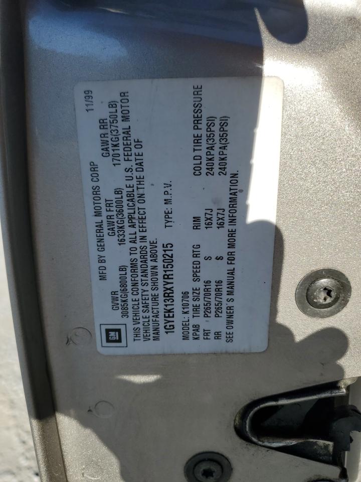 2000 Cadillac Escalade VIN: 1GYEK13RXYR150215 Lot: 91794215