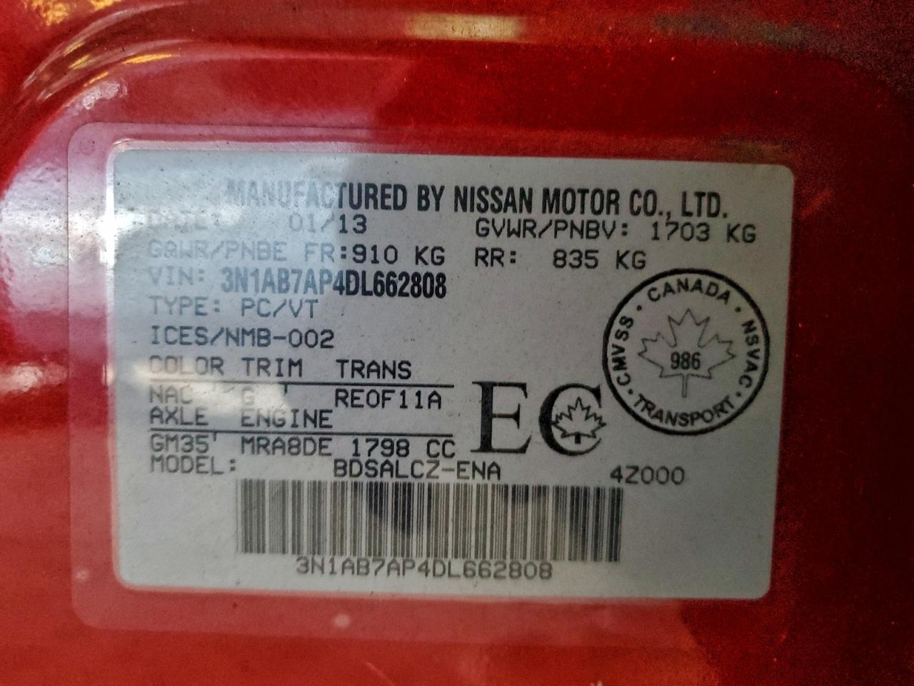 2013 Nissan Sentra S VIN: 3N1AB7AP4DL662808 Lot: 93662395