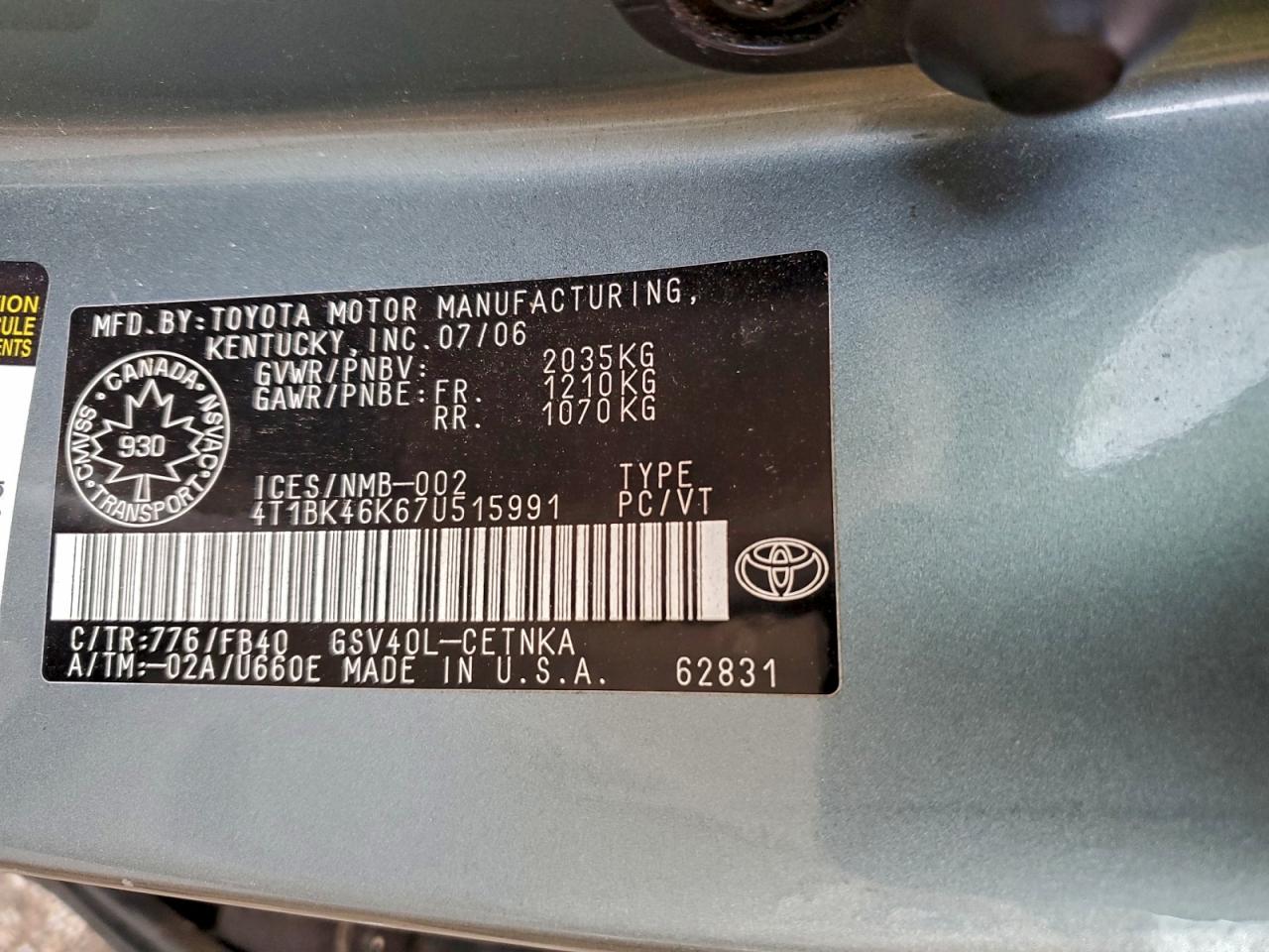 2007 Toyota Camry Le VIN: 4T1BK46K67U515991 Lot: 95223115