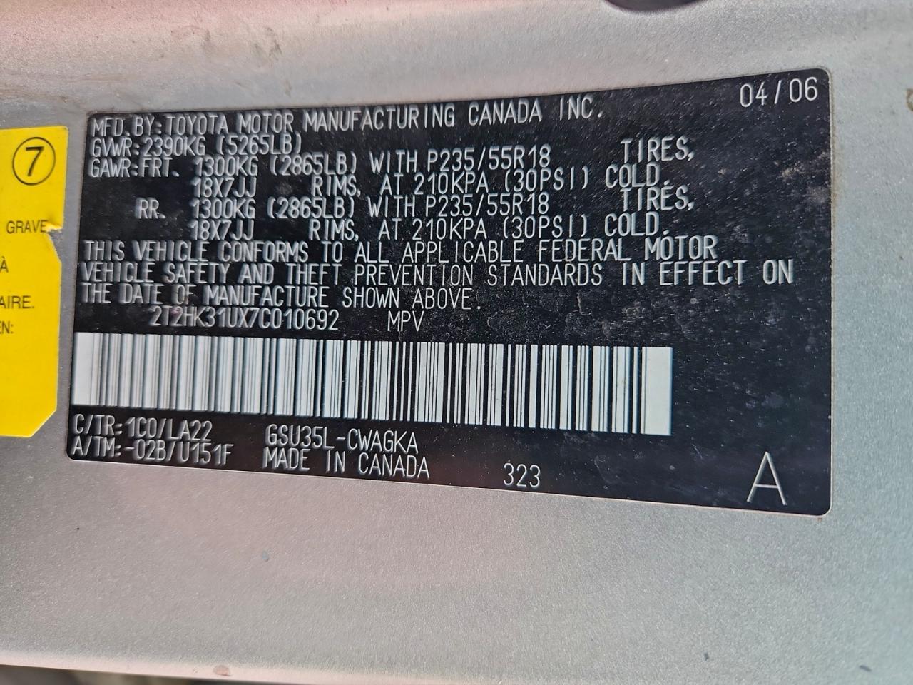 2007 Lexus Rx 350 VIN: 2T2HK31UX7C010692 Lot: 94482795