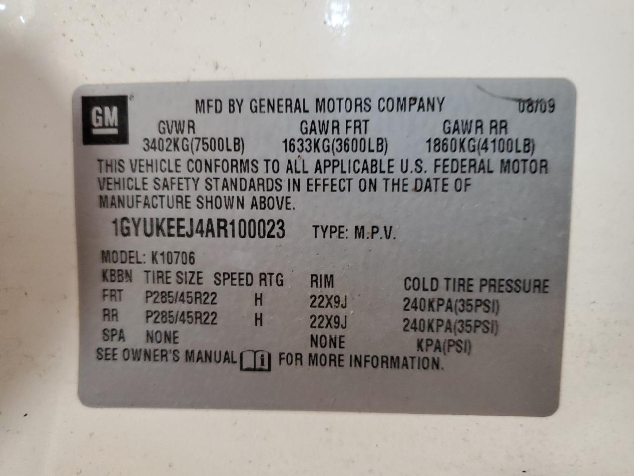 2010 Cadillac Escalade Hybrid VIN: 1GYUKEEJ4AR100023 Lot: 91311885