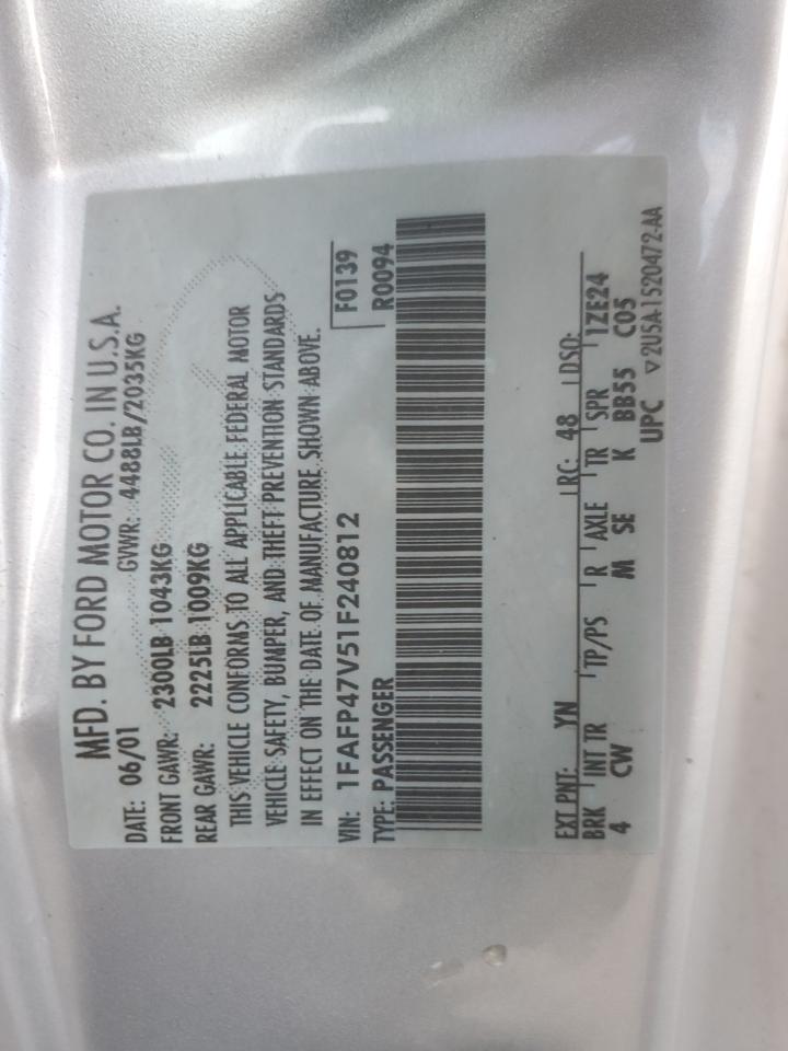 2001 Ford Mustang Cobra Svt VIN: 1FAFP47V51F240812 Lot: 93784215