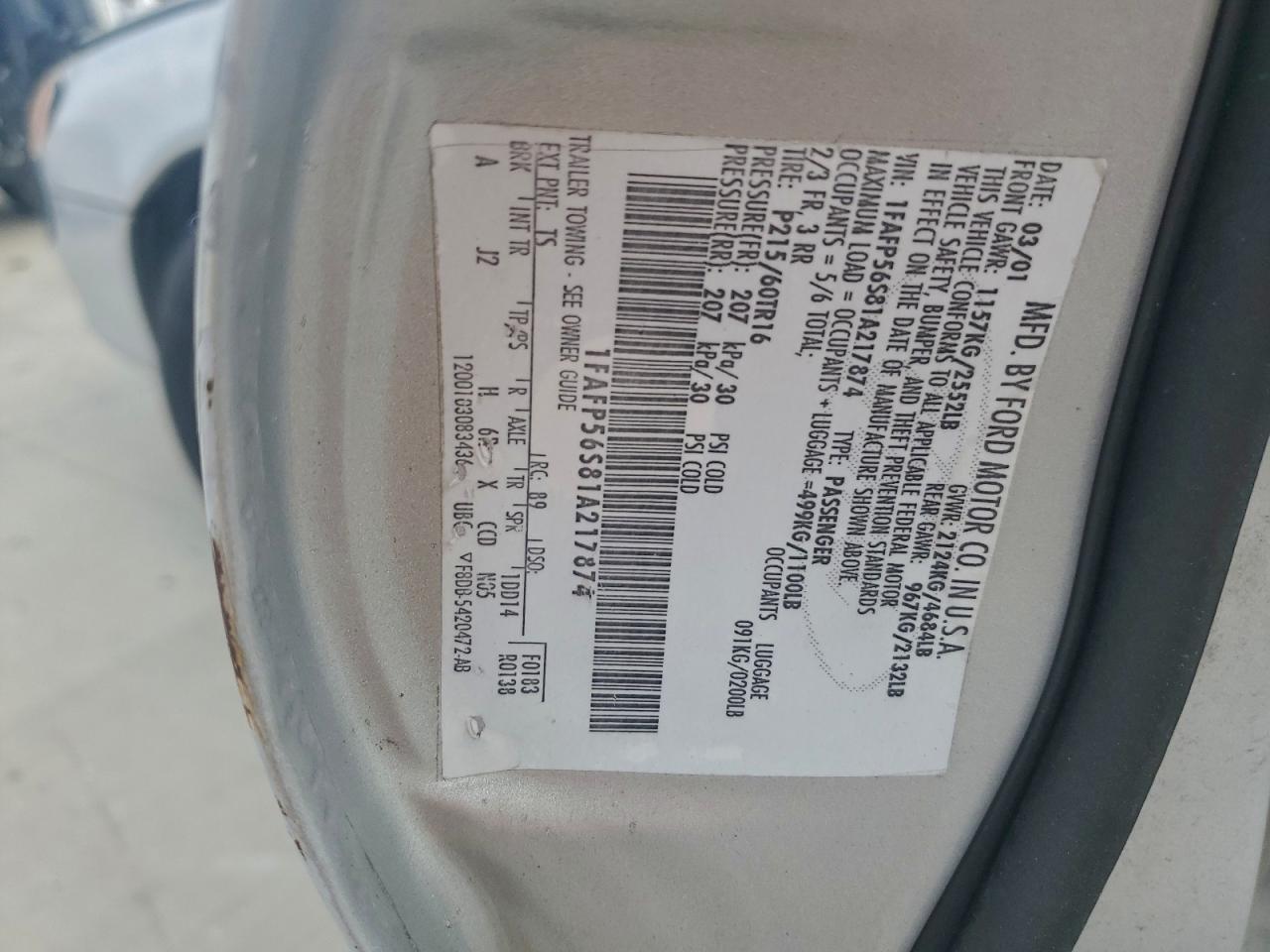 2001 Ford Taurus Sel VIN: 1FAFP56S81A217874 Lot: 93611875