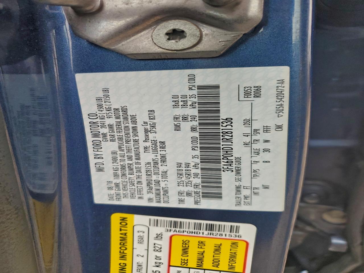 2018 Ford Fusion Se VIN: 3FA6P0HD1JR281536 Lot: 93700725