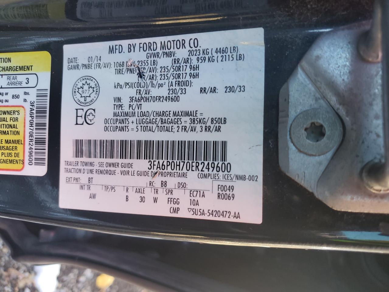 2014 Ford Fusion Se VIN: 3FA6P0H70ER249600 Lot: 93508285