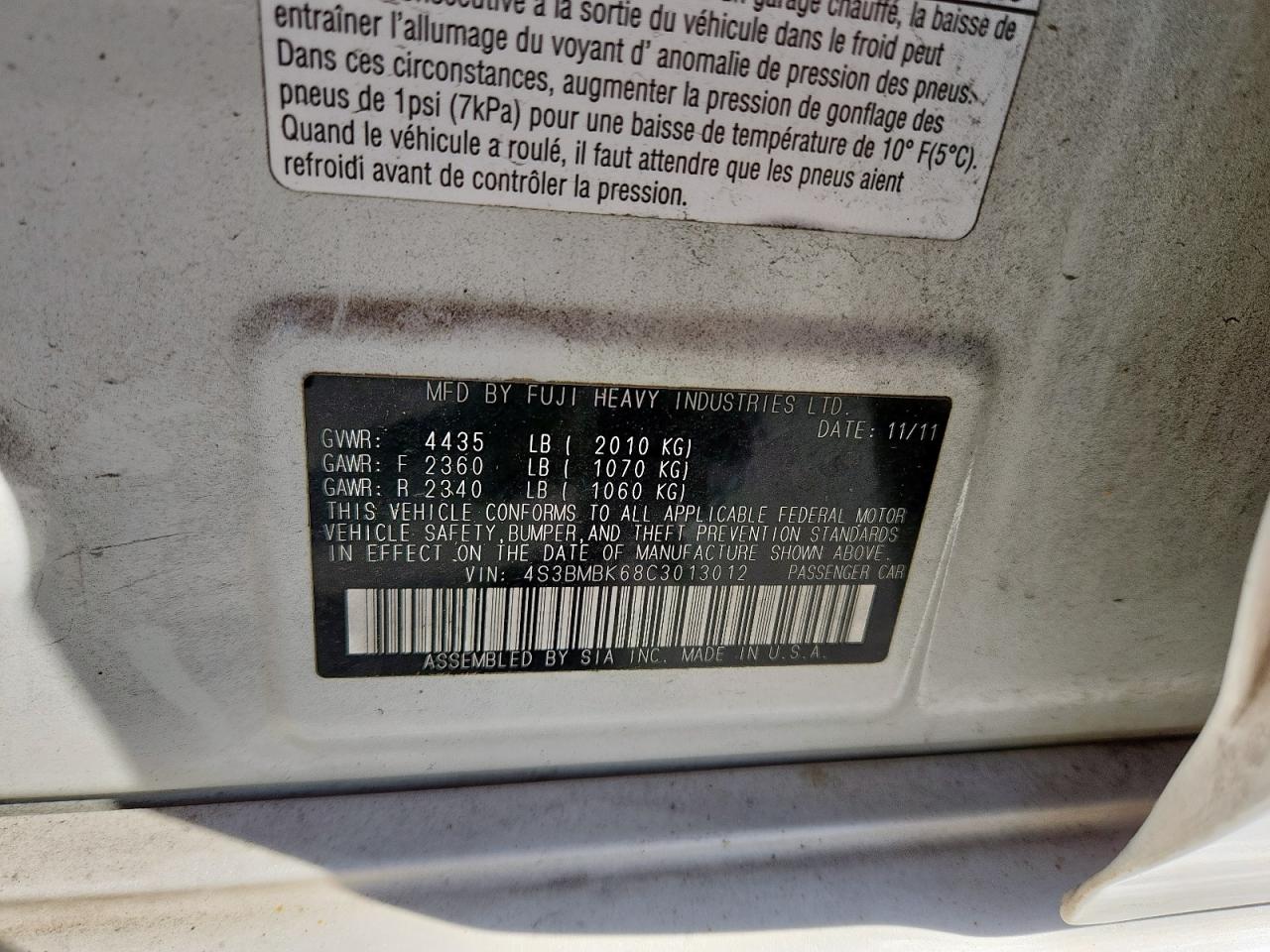 2012 Subaru Legacy 2.5I Limited VIN: 4S3BMBK68C3013012 Lot: 92848135