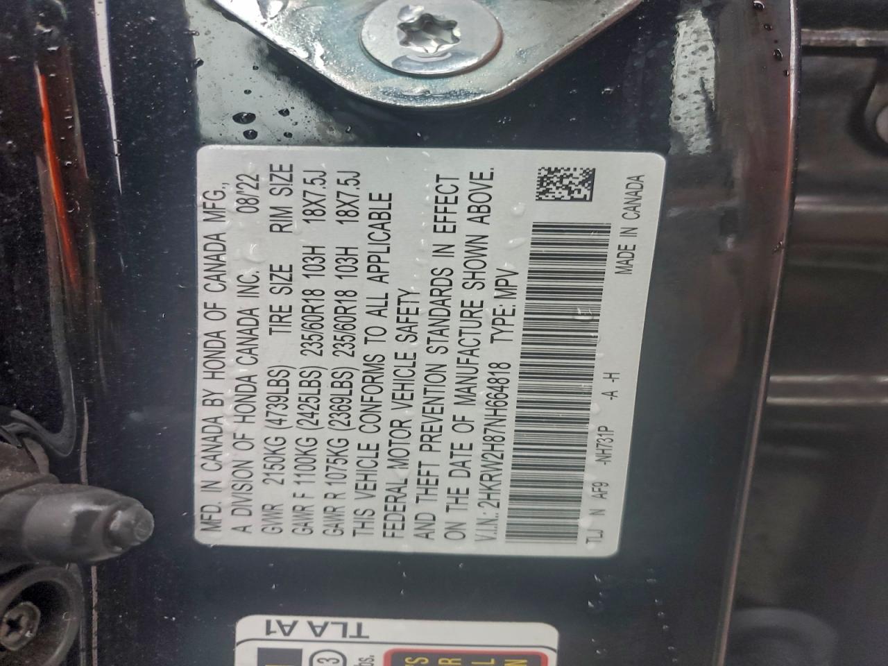 2022 Honda Cr-V Exl VIN: 2HKRW2H87NH664818 Lot: 94249105