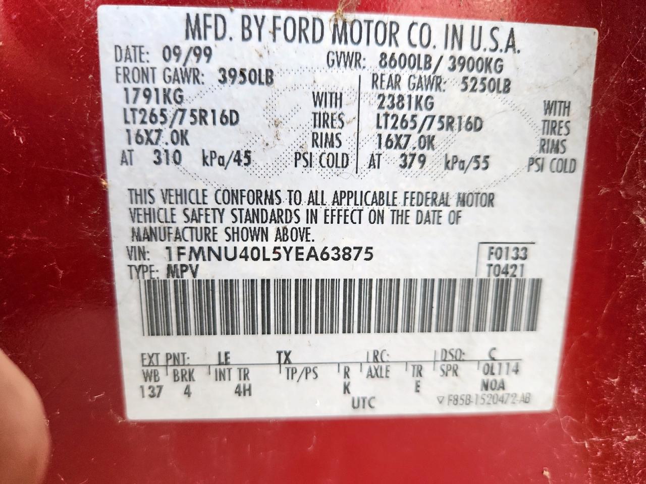 2000 Ford Excursion Xlt VIN: 1FMNU40L5YEA63875 Lot: 93439395