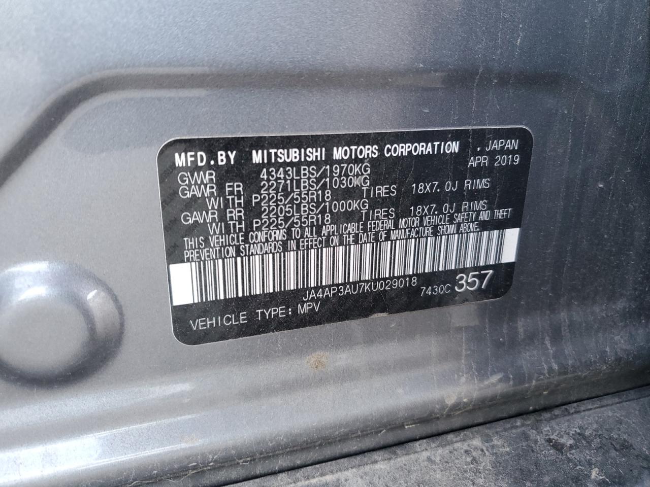 2019 Mitsubishi Outlander Sport Es VIN: JA4AP3AU7KU029018 Lot: 90942035