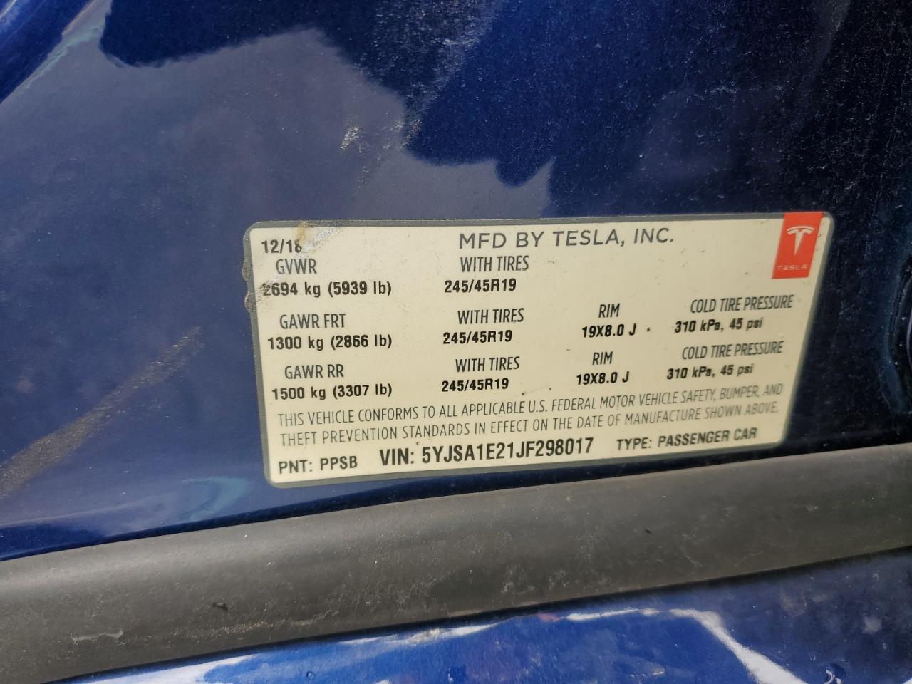 2018 Tesla Model S VIN: 5YJSA1E21JF298017 Lot: 93233125