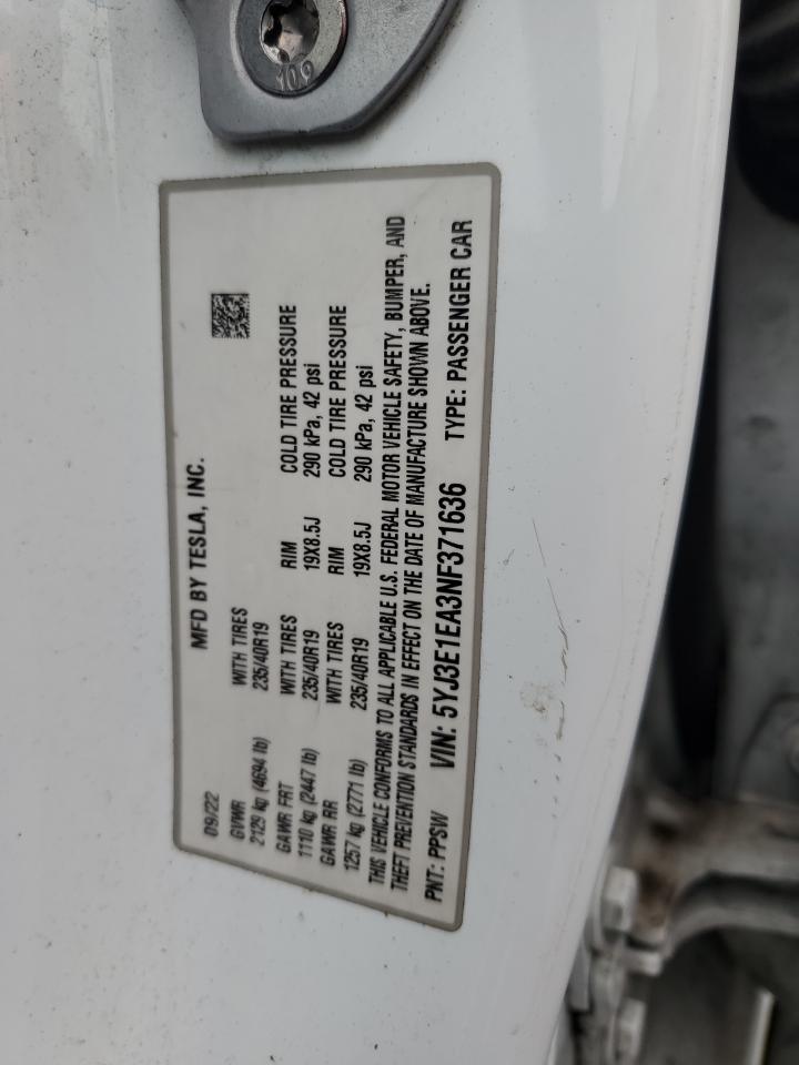 2022 Tesla Model 3 VIN: 5YJ3E1EA3NF371636 Lot: 93734245