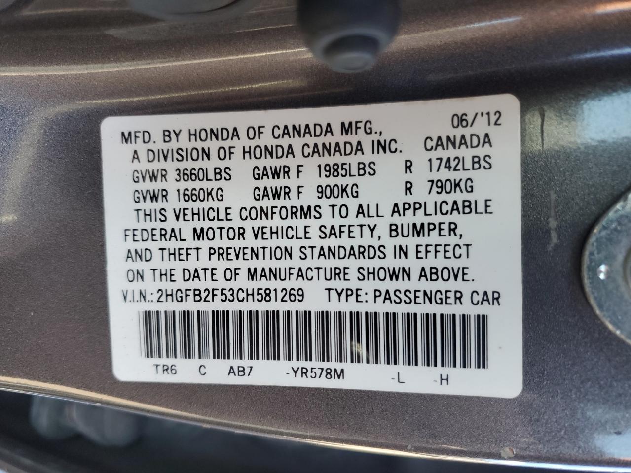 2012 Honda Civic Lx VIN: 2HGFB2F53CH581269 Lot: 91865445