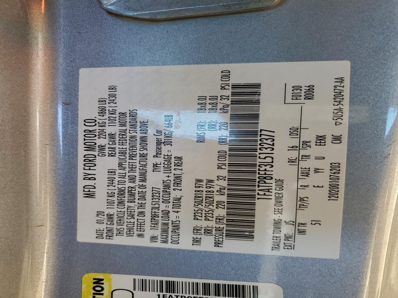 2020 Ford Mustang Gt VIN: 1FATP8FF3L5132377 Lot: 94584585