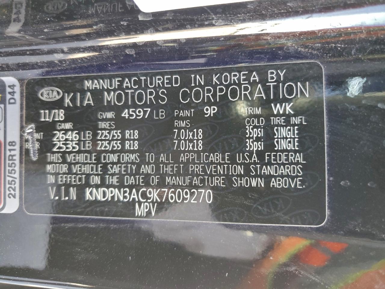 2019 Kia Sportage Ex VIN: KNDPN3AC9K7609270 Lot: 91800165